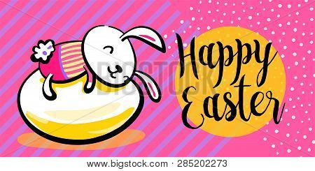 Happy Easter Greeting Banner Background With Cute Dressed Bunny On The Egg, Hugging It. Striped And 