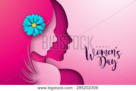 8 March. Womens Day Greeting Card Design With Young Woman Silhouette And Flower. International Femal
