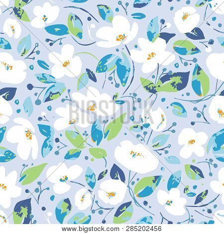 Vector Seamless Pattern, Blooming White Flowers And Blue Foliage. Illustration With Floral Compositi