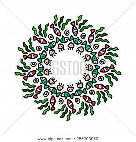 Ocean Creatures Hand Drawn Mandla With Fish Jelly And Plants