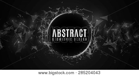 Modern Banner Of Flying Triangles And Dots On A Dark Background. Geometric Design. White Glowing Con