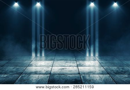 Background Of Empty Room, Street. Concrete Floor, Paving Slabs. Neon Light, Smoke, Smog