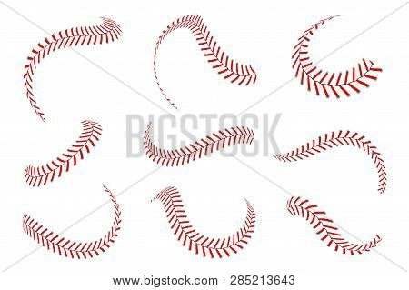 Baseball Laces Set. Baseball Stitches With Red Threads. Sports Graphic Elements And Seamless Brushes