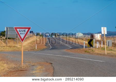 Give Way Street Sign At On Of Australias Endless Outback Roads