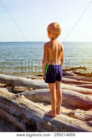Child Stand On The Log On The Sea Background