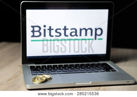 Bitcoin Coin With The Bitstamp Exchange Logo On A Laptop Screen, Slovenia - December 23th, 2018