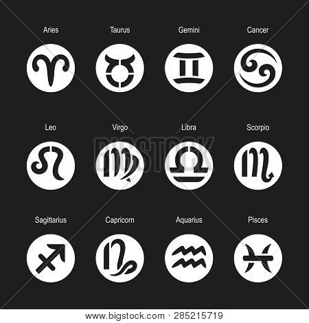 Collection Of Zodiac Signs. Icons Of Aries, Taurus, Leo, Gemini, Virgo, Scorpio, Libra, Aquarius, Sa