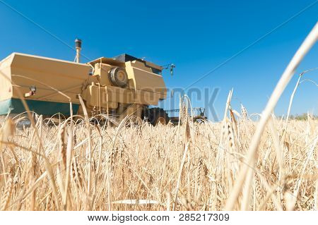 Harvester In The Foreground On Rustic Background Working In The Field