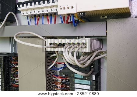Image Shows Control Cubicle. Multimode Fiber Switch And Circuit Breakers Inside Power Case.
