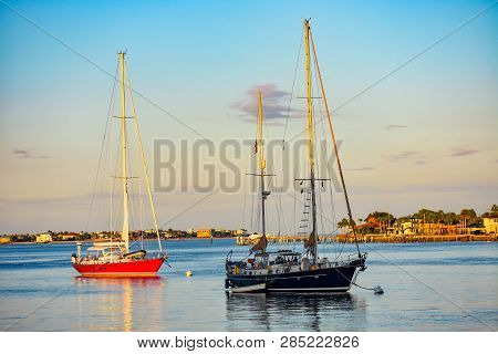 St. Augustine, Florida. January 26 , 2019. Sailboats On Blue Sea And Sunset Background. 2