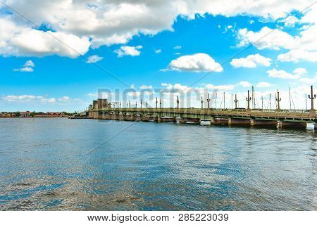 St. Augustine, Florida. January 26 , 2019. Bridge Of Lions On Lightblue Cloudy Sky Background.