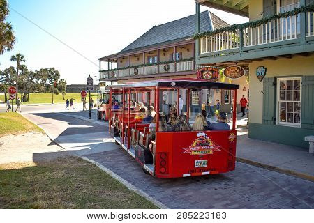 St. Augustine, Florida. January 26 , 2019 . Red Train Tour At Old Town.