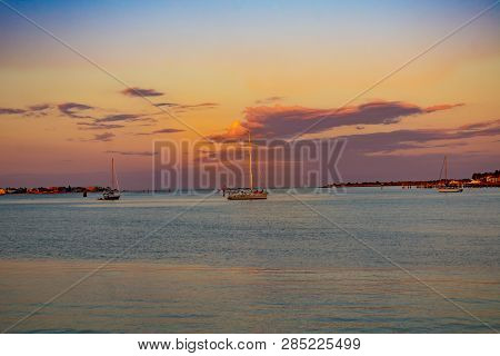 St. Augustine, Florida. January 26, 2019. Sailboat On Beautiful Sunset Background.(3)