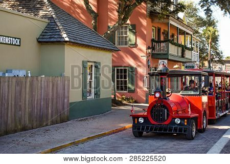 St. Augustine, Florida. January 26 , 2019 . Red Train Tour At Old Town In Floridas Historic Coast
