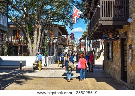 St. Augustine, Florida. January 26, 2019. People Enjoying Colonial Experience In St. George St. In O