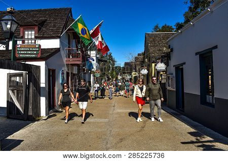 St. Augustine, Florida. January 26, 2019. People Enjoying Colonial Experience In St. George St. In O