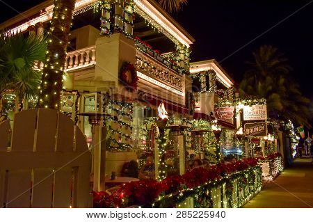 St. Augustine, Florida. January 26 , 2019 . Illuminated Restaurant For Christmas Seasons At Old Town