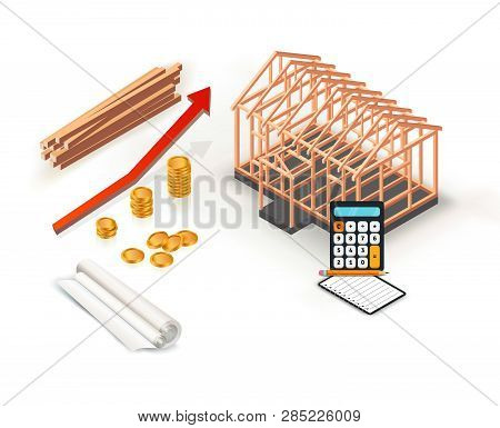 Timber Frame House Base Construction Design. Isometric Concept. Wood Frame Under Construction. Isola