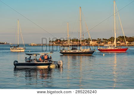 St. Augustine, Florida. January 25 , 2019 . Sailboats On Colorful Sunset Sky Background (2)
