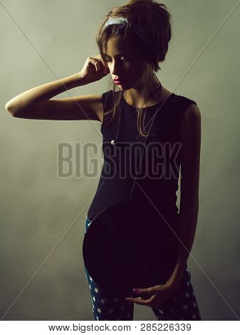 Pretty Retro Girl Young Sexy Beautiful Woman Cute Melomaniac With Stylish Hair And Pink Lips Holds B