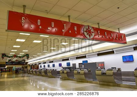 Miami, Florida. January 05, 2019. Top View Of Red Sign South Terminal At Miami International Airport