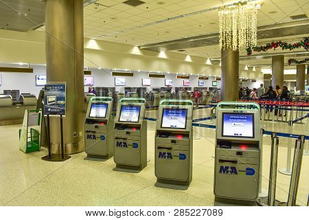 Miami, Florida. January 05, 2019.  Web Checkin Machines At Miami International Airport.