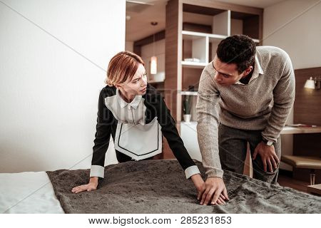 Blonde Housekeeper Feeling Scared While Client Flirting With Her