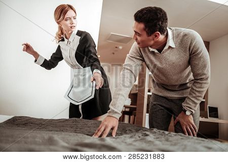 Young Housekeeper Feeling Pissed Off After Client Touched Her Legs