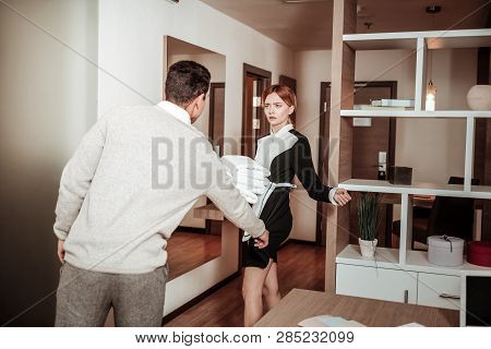 Young Slim Maid Feeling Scared Of Man Touching And Abusing Her