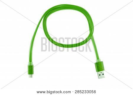 Green Micro-usb Cable Twisted Into A Ring, On A White Isolated Background. Horizontal Frame