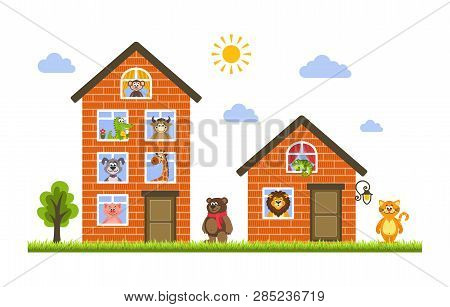 Two Houses In Which Live Animals: Monkey, Crocodile, Cow, Dog, Giraffe, Bear, Cat, Lion, Iguana And 