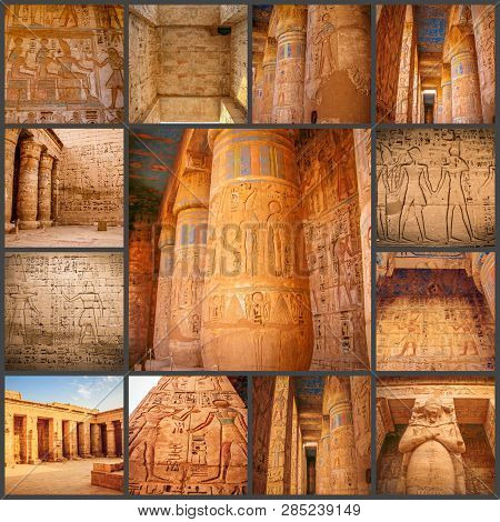 A Collage Of Photos Beautiful Ancient Temple Of Medina-habu. Egypt, Luxor.