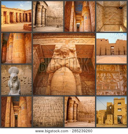 A Collage Of Photos Beautiful Ancient Temple Of Medina-habu. Egypt, Luxor.