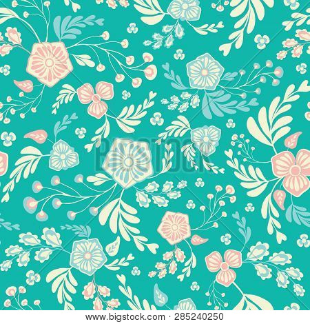 Vector Mixed Floral And Leaves Seamless Repeat Pattern Background.