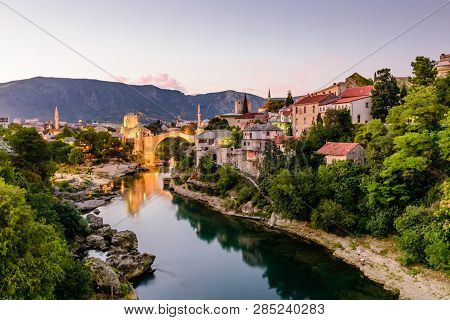 Mostar, Bosnia And Herzegovina - September 11, 2018: The Old Bridge In Mostar Old Town, Night View