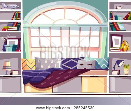Bay Bow Window Seat At Home Library Illustration. French Provence Style Interior And Furniture Desig