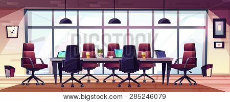 Business Meeting Room, Company Boardroom Interiour Cartoon With Comfortable Armchairs, Laptops And C