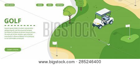 Golf Course, Country Sports Club Or Resort Flat Web Banner, Landing Page With Golf Cart On Green Pla