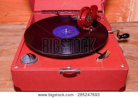 Hustopece, Czech Republic - March 10, 2017: Image Shows Vintage Gramophone Famous Czech Brand Suprap