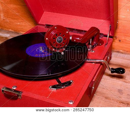 Hustopece, Czech Republic - March 10, 2017: Image Shows Vintage Gramophone Famous Czech Brand Suprap
