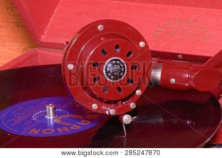 Hustopece, Czech Republic - March 10, 2017: Image Shows Vintage Gramophone Famous Czech Brand Suprap