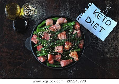 Green Beans With Bacon In A Cast Iron Skillet. Healthy Eating Concept. Keto Diet. Pegan Diet. Paleo 