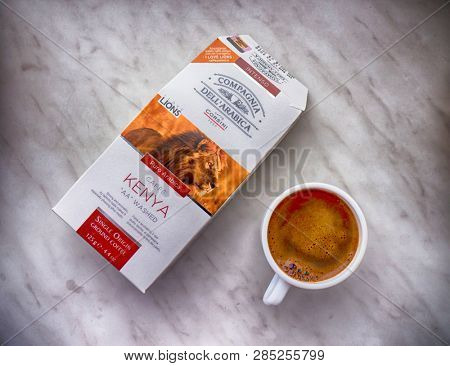 GOMEL, BELARUS - FEBRUARY 10, 2019: Coffe Caffe Corsini. Caffe Corsini was founded in 1950 in Arezzo, by Corsino Corsini. 