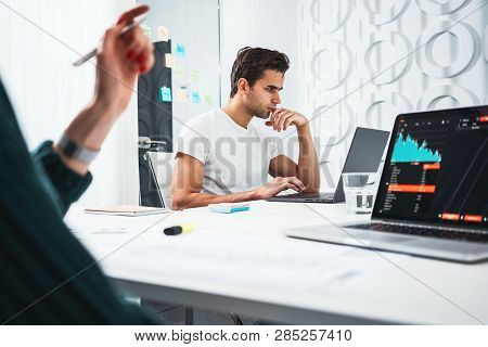 Сolleagues Analyze Digital Reports On Screen Monitor And Preparing Financial Report For Investors. T