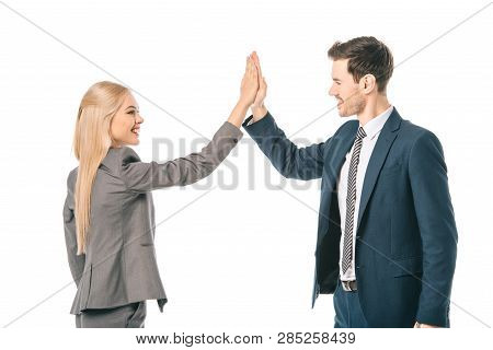 Happy Professional Businesspeople Giving Highfive Isolated On White