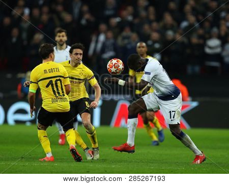 LONDON, ENGLAND - FEBRUARY 13 2019: Moussa Sissoko of Tottenham during the Champions League match between Tottenham Hotspur and Borussia Dortmund at Wembley Stadium, London.