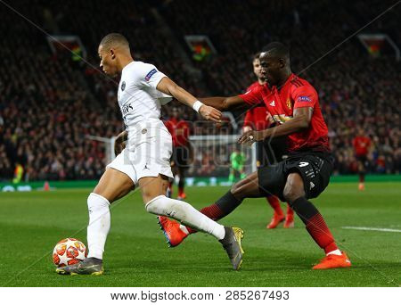 MANCHESTER, ENGLAND - FEBRUARY 12 2019: Kylian Mbappe of PSG during the Champions League match between Manchester United and Paris Saint-Germain at Old Trafford Stadium.