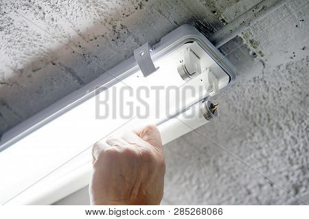 Electric Hands Changing Ceiling Fluorescent Lamp. The Concept Of Repair And Service.