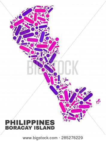 Mosaic Boracay Island Map Isolated On A White Background. Vector Geographic Abstraction In Pink And 