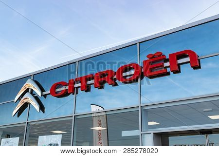 Roncq,france-february 20,2019: Citroen Logo On The Car Dealership Building.citroën Is A French Brand